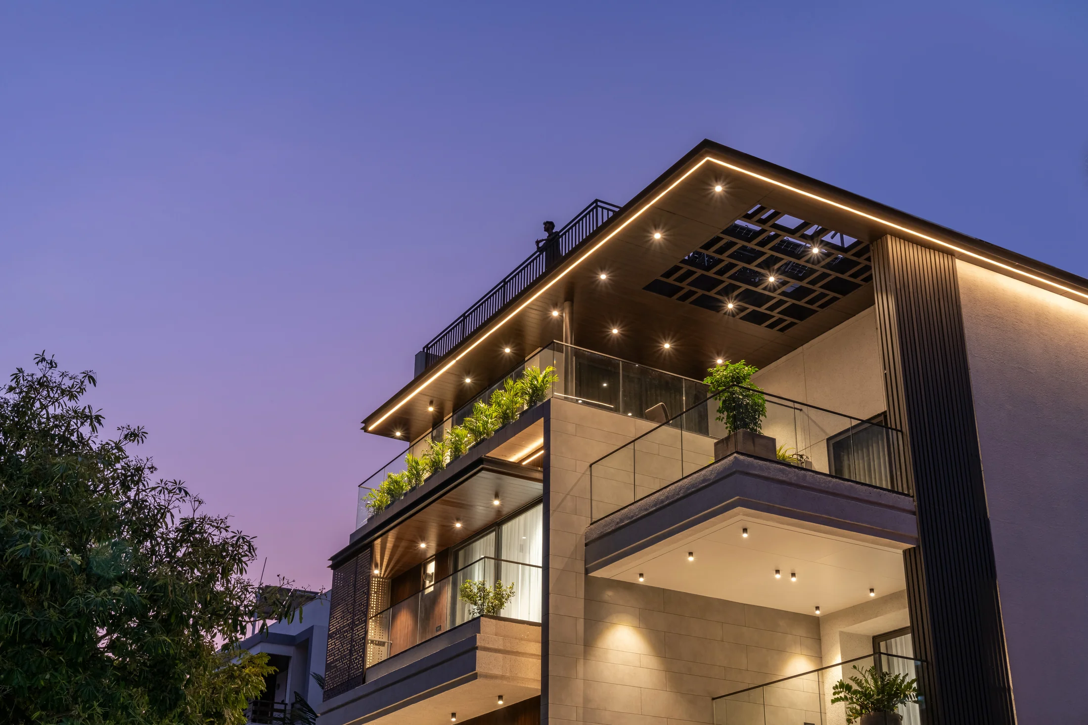 Meet Residence — exterior at dusk